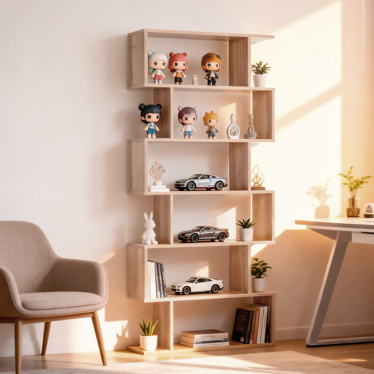 Modern 6-Tier Geometric Wooden Bookshelf