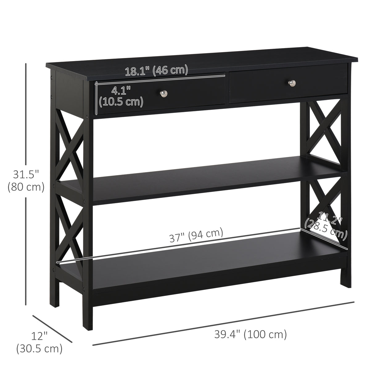 Mesa consola estrecha de 99 cm con cajones y estantes