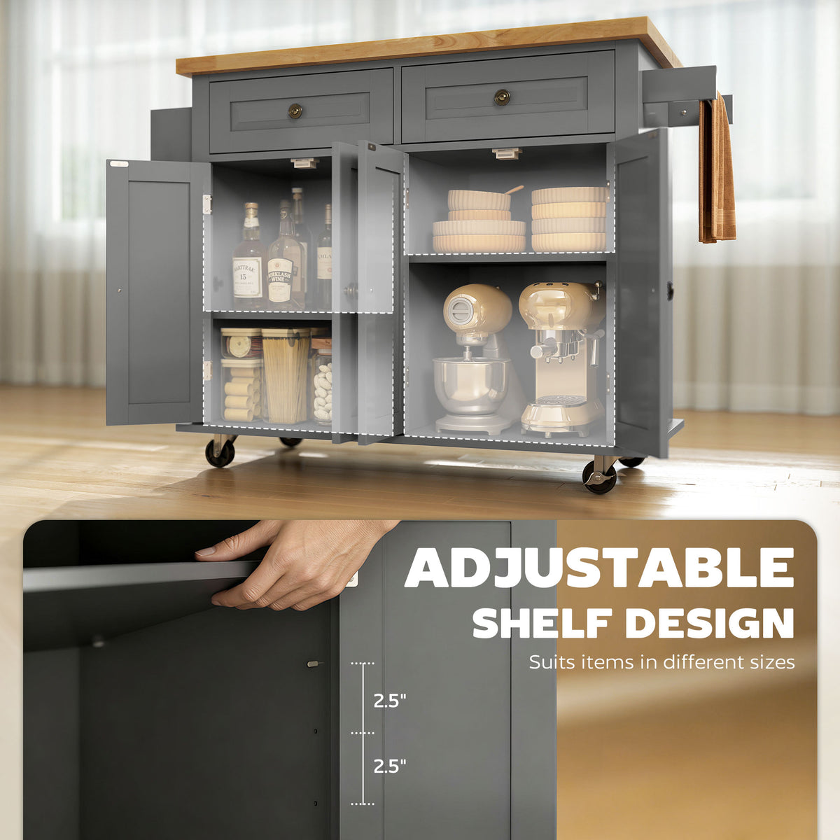 Rolling kitchen island with storage and wood top