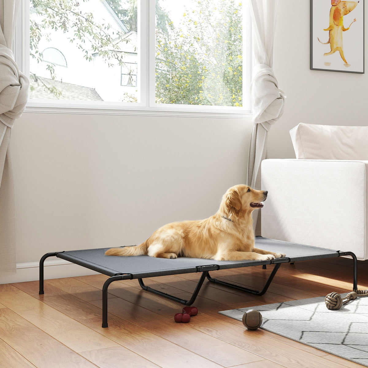 Elevated outdoor dog bed with breathable mesh