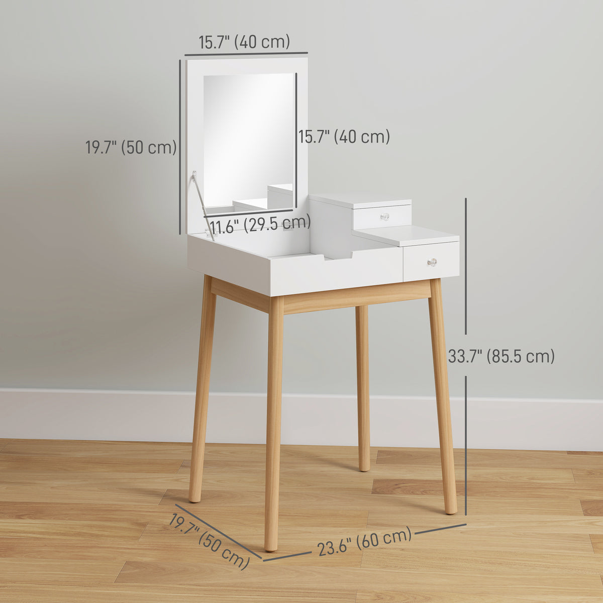 Vanity table with flip-up mirror and drawers