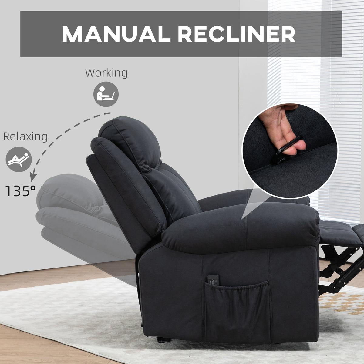 Manual Recliner Chair with Vibration Massage and Side Pockets