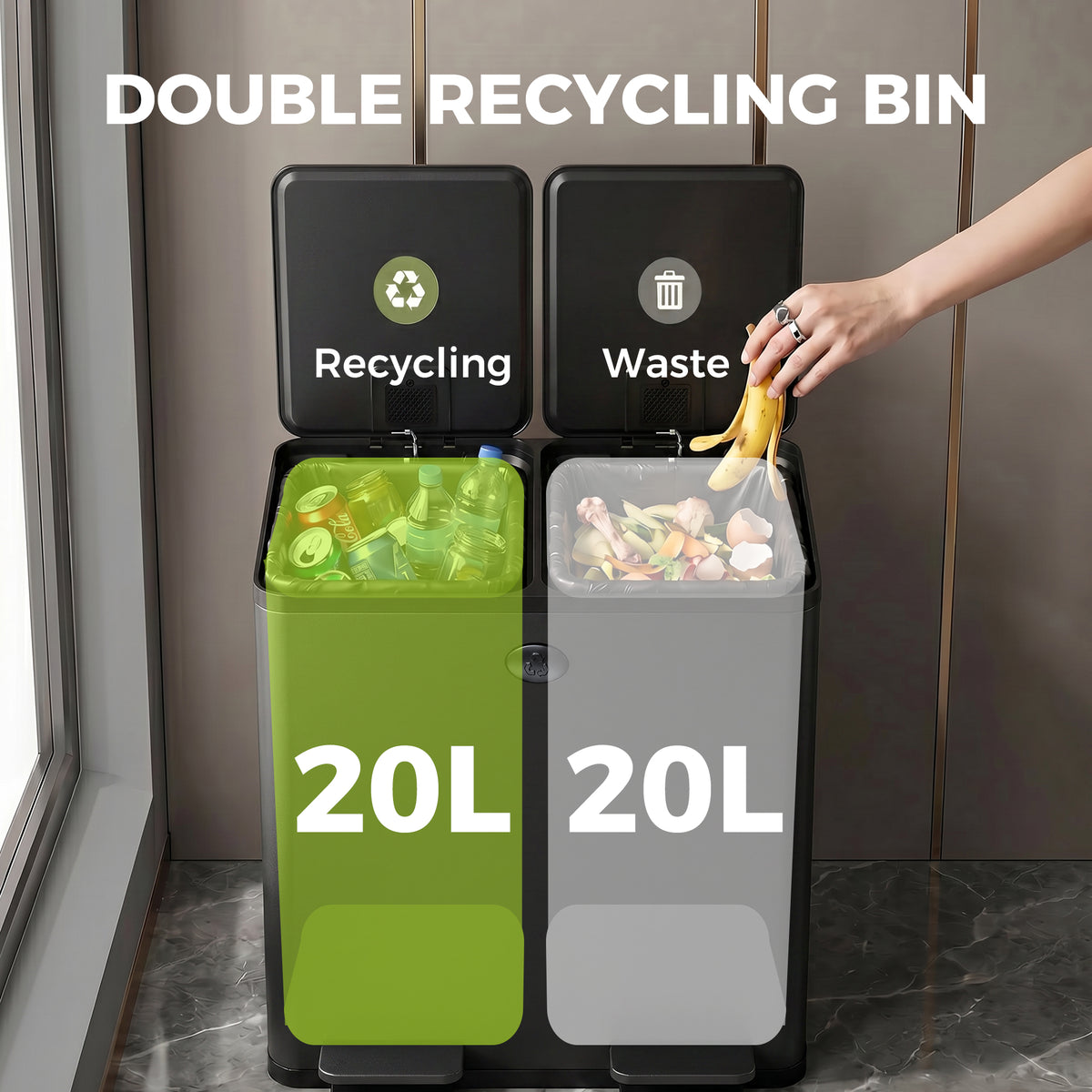 Dual pedal trash can soft-close 2x20L