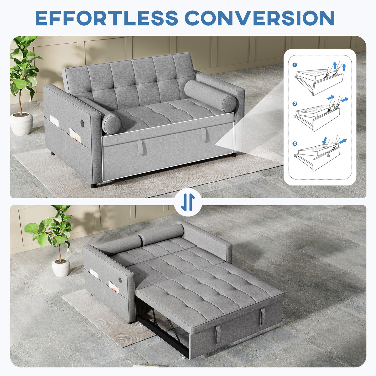 Convertible sofa bed with USB ports and adjustable backrest