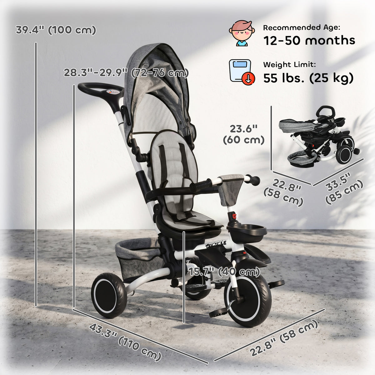 Triciclo evolutivo 6 en 1 convertible en silla de paseo y bicicleta infantil