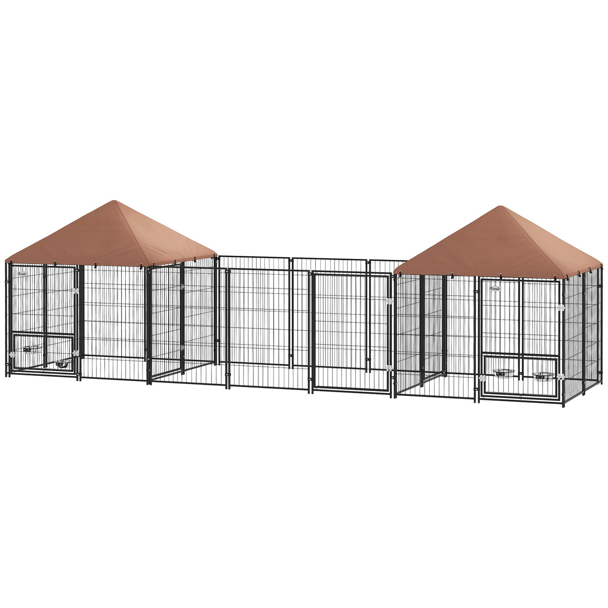 Corral exterior para perros con techo y tazones