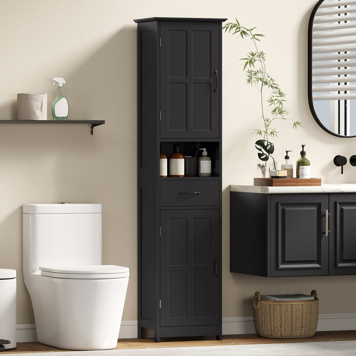 Narrow Bathroom Cabinet with Drawer and Adjustable Shelves