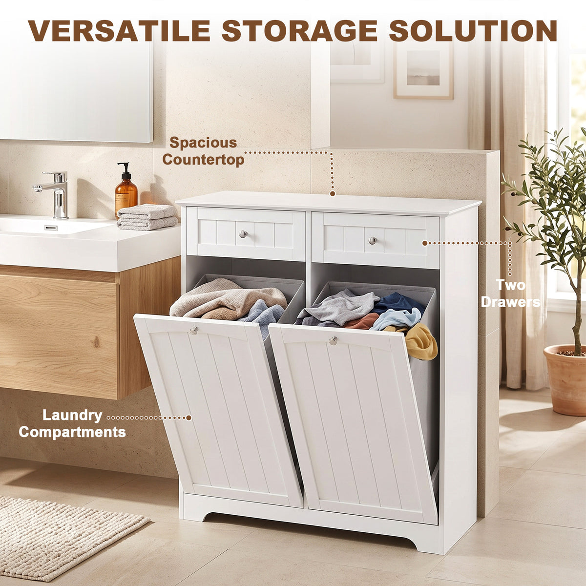 Laundry cabinet with tilt-out hamper and drawers