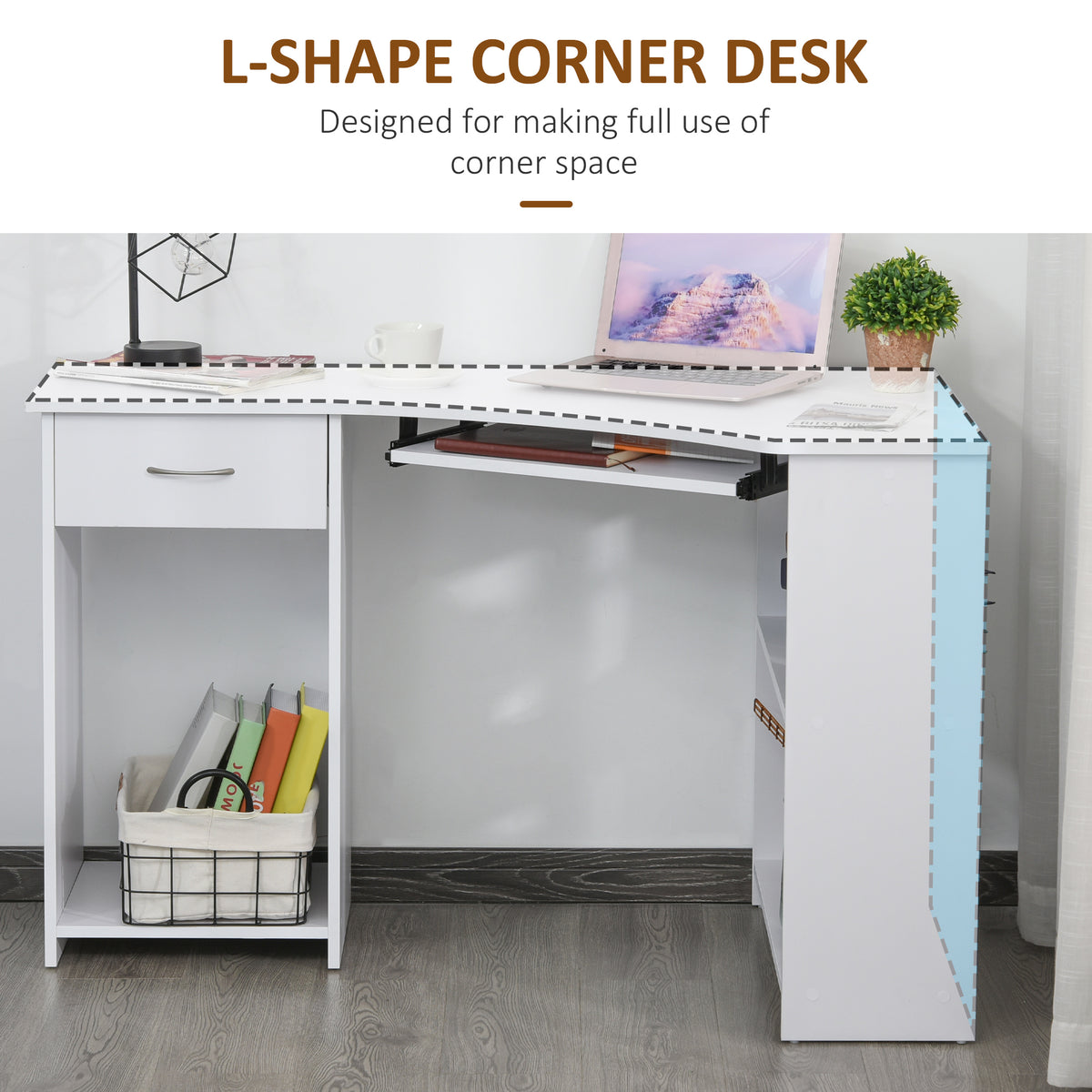 L-Shaped Desk with Drawer and Keyboard Tray