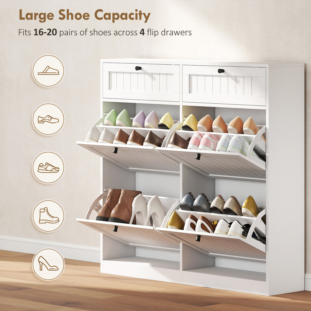 Narrow shoe cabinet with flip drawers farmhouse style