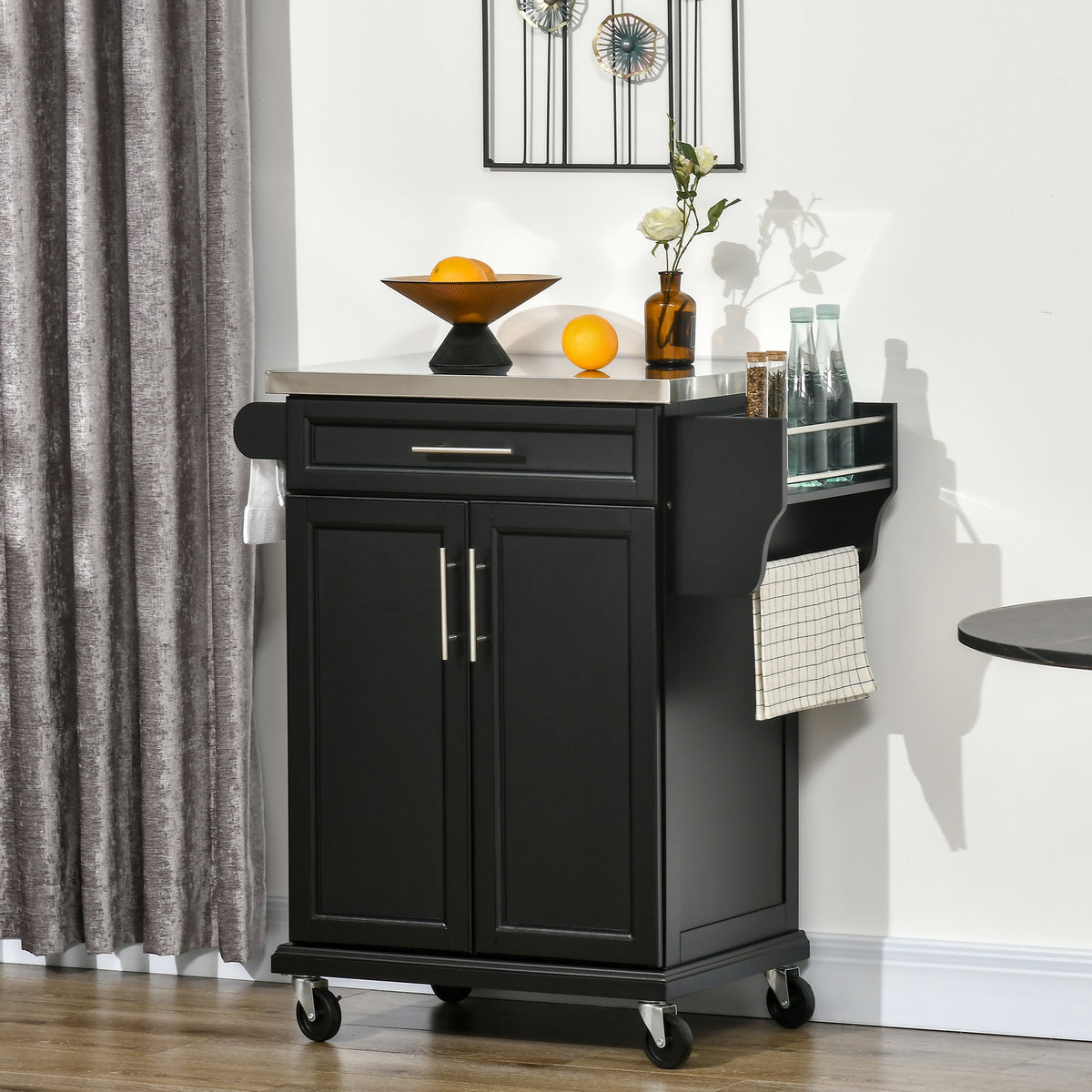Kitchen island with stainless steel top and rolling cart