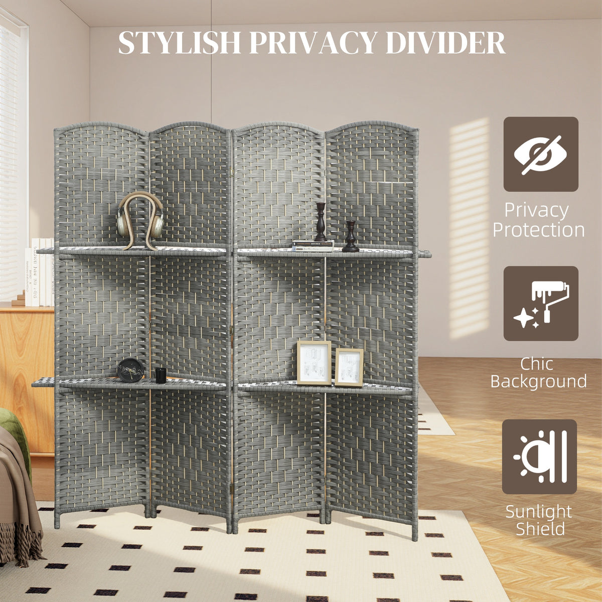 Room divider privacy screen with pine shelves
