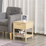 Narrow Nightstand with Drawer and Rattan Elements