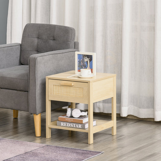 Narrow Nightstand with Drawer and Rattan Elements