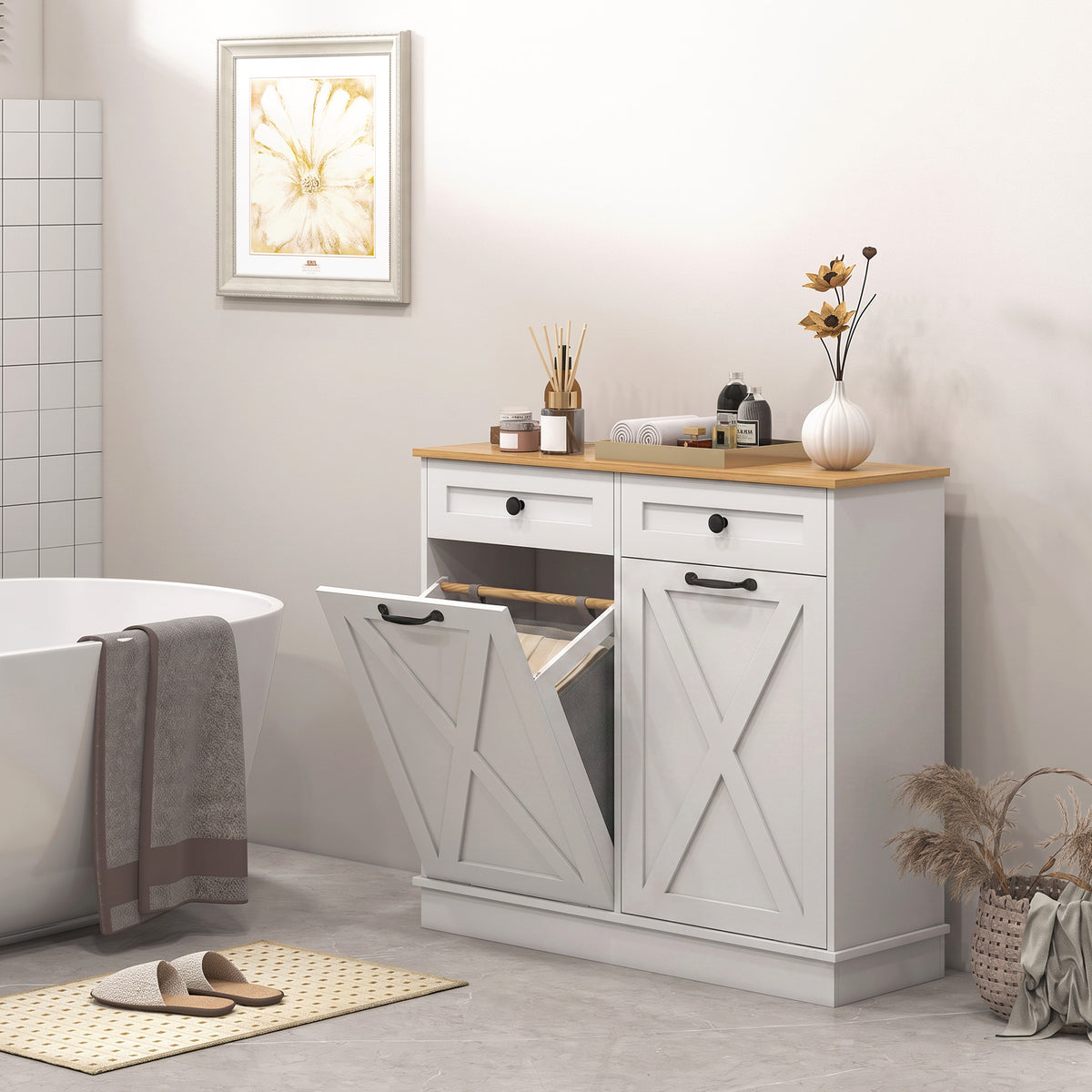 Tilt out laundry cabinet with drawers