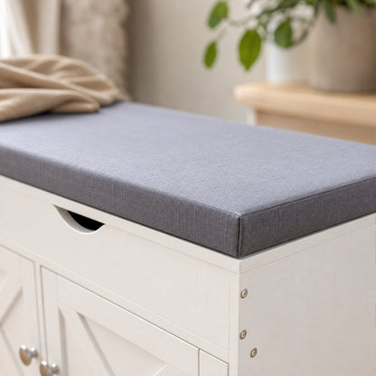 Shoe storage bench with cushion and three doors