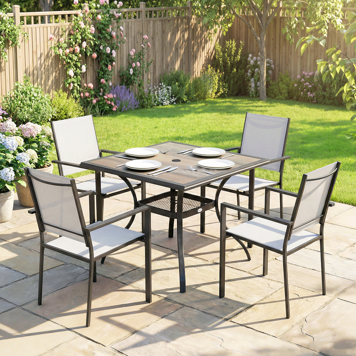 5-Piece Outdoor Dining Set with Shelf and Umbrella Hole
