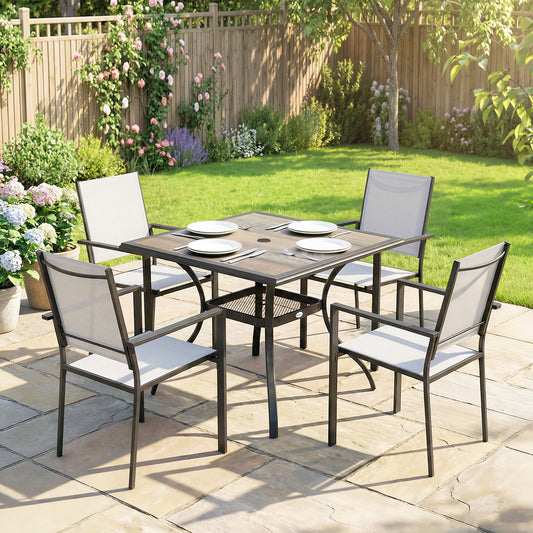 5-Piece Outdoor Dining Set with Shelf and Umbrella Hole