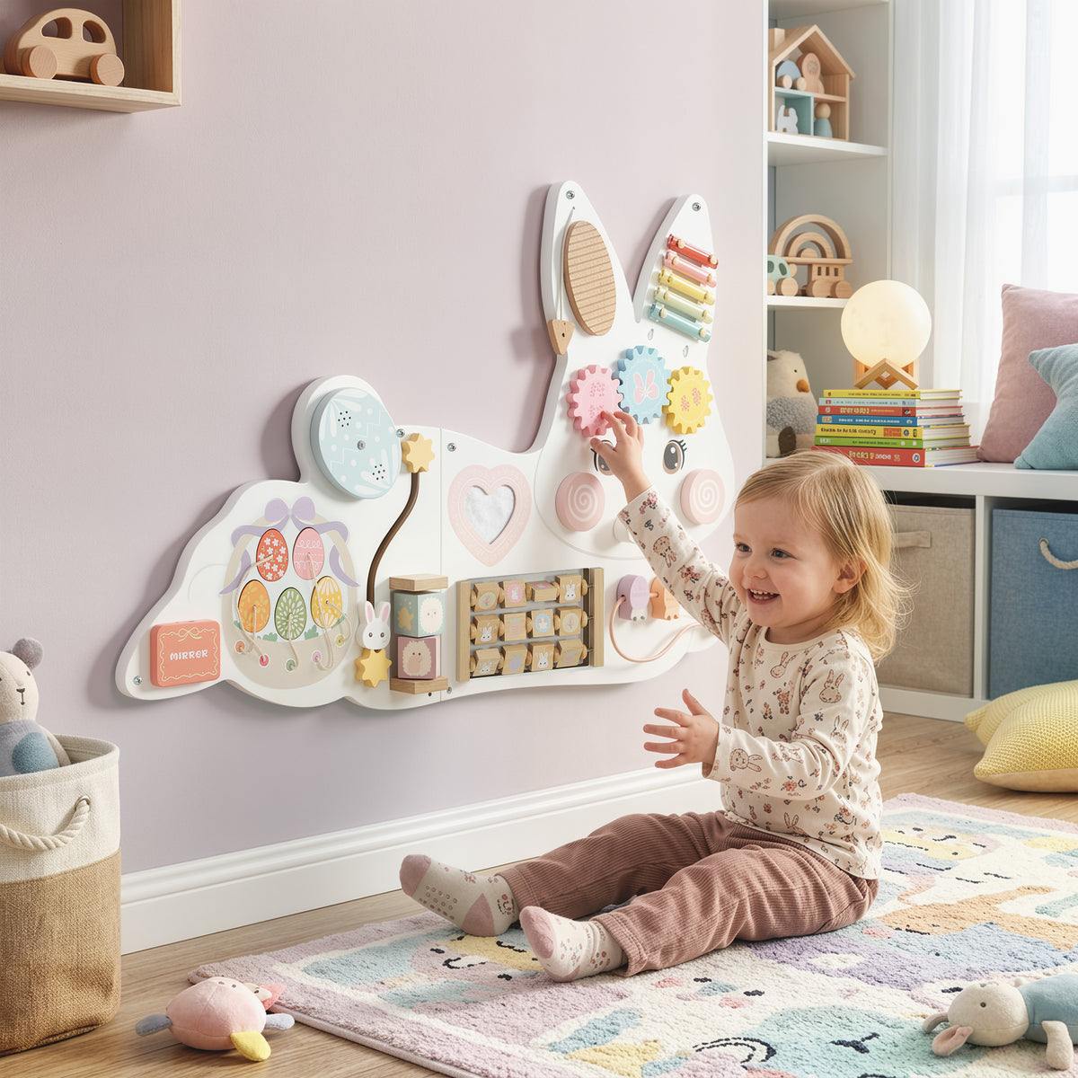 Tablero de estimulación mural Montessori de conejo de Pascua en madera