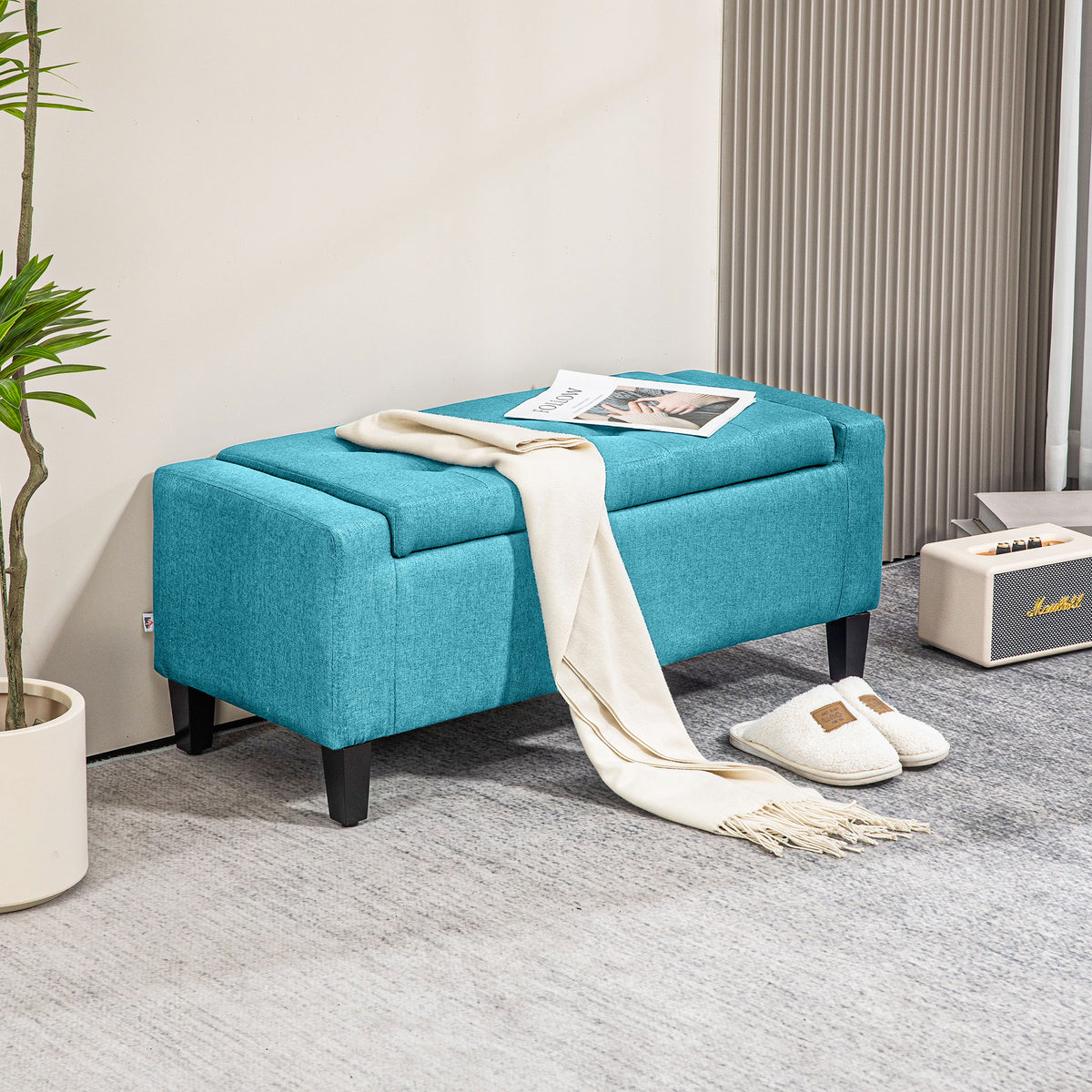 Tufted Linen Storage Ottoman Bench