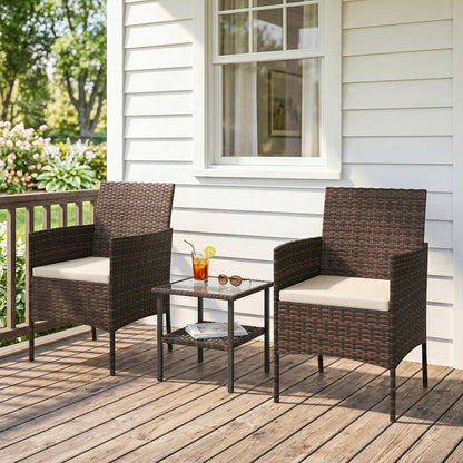 Bistro Set 3 Piece Wicker with Glass Table — Khaki