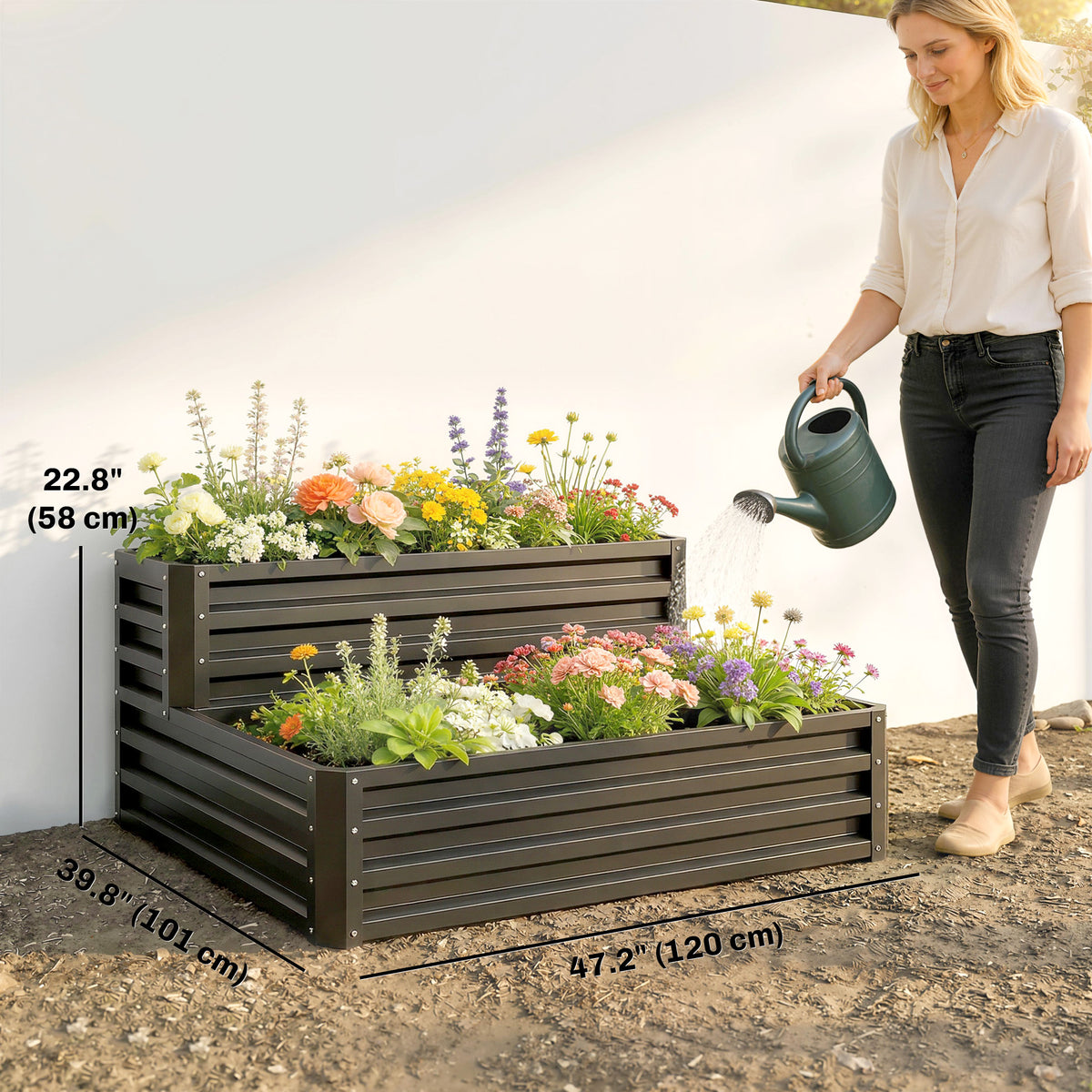 Jardinera elevada de 2 niveles de acero galvanizado 119 x 102 cm
