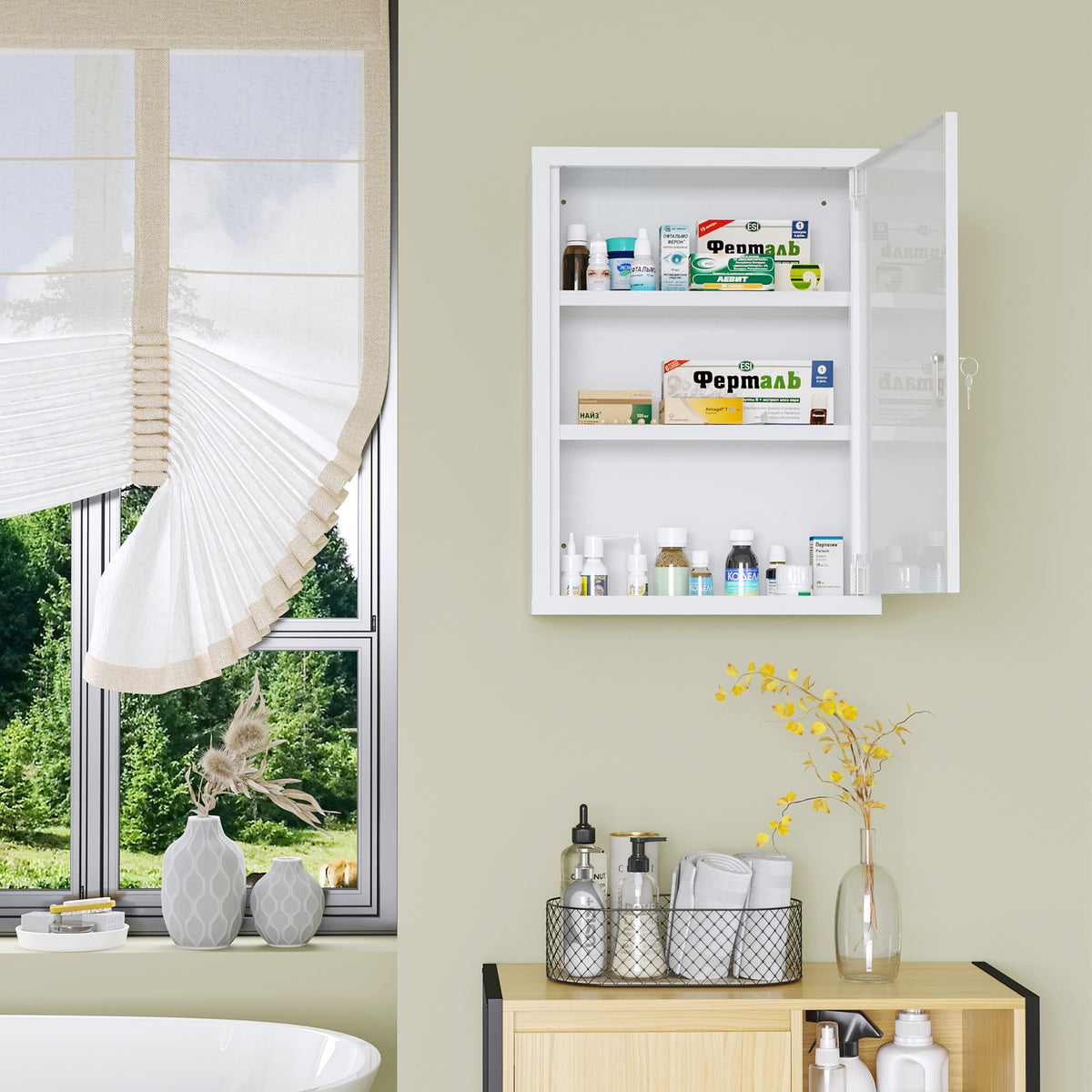 Lockable wall-mounted steel medicine cabinet