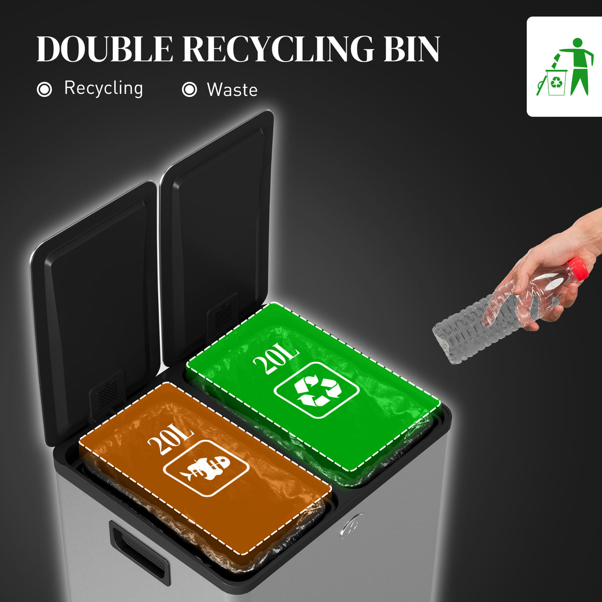 Dual pedal trash can soft-close 2x20L