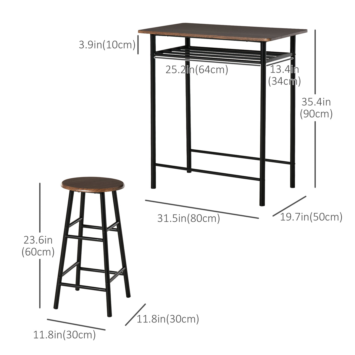 Conjunto de mostrador de 3 piezas con mesa y taburetes