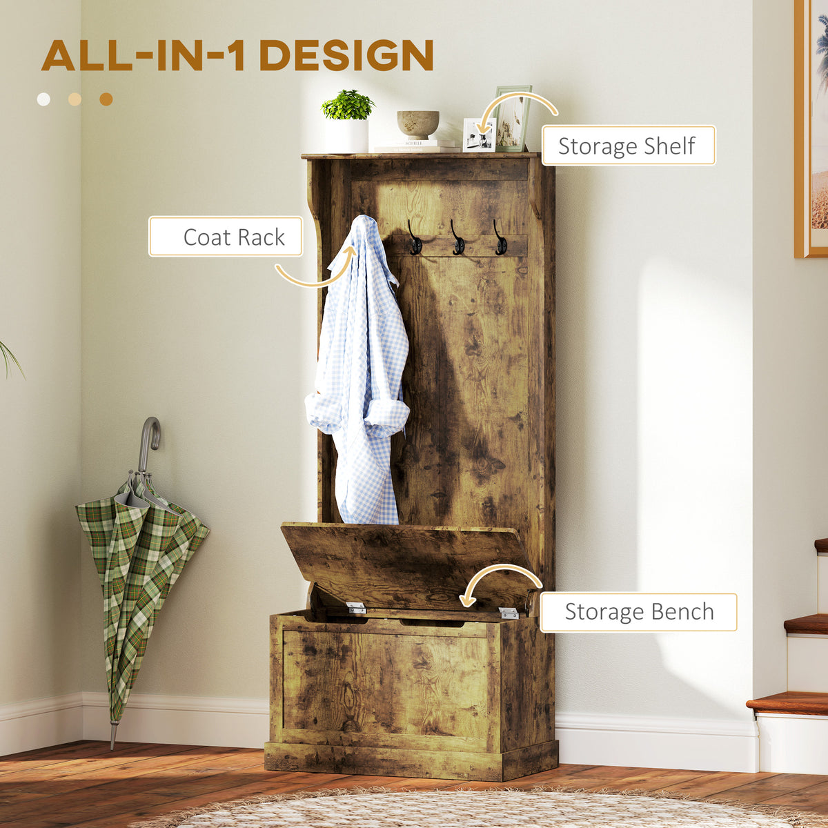 Hall Tree 4-in-1 with Storage Bench Rustic