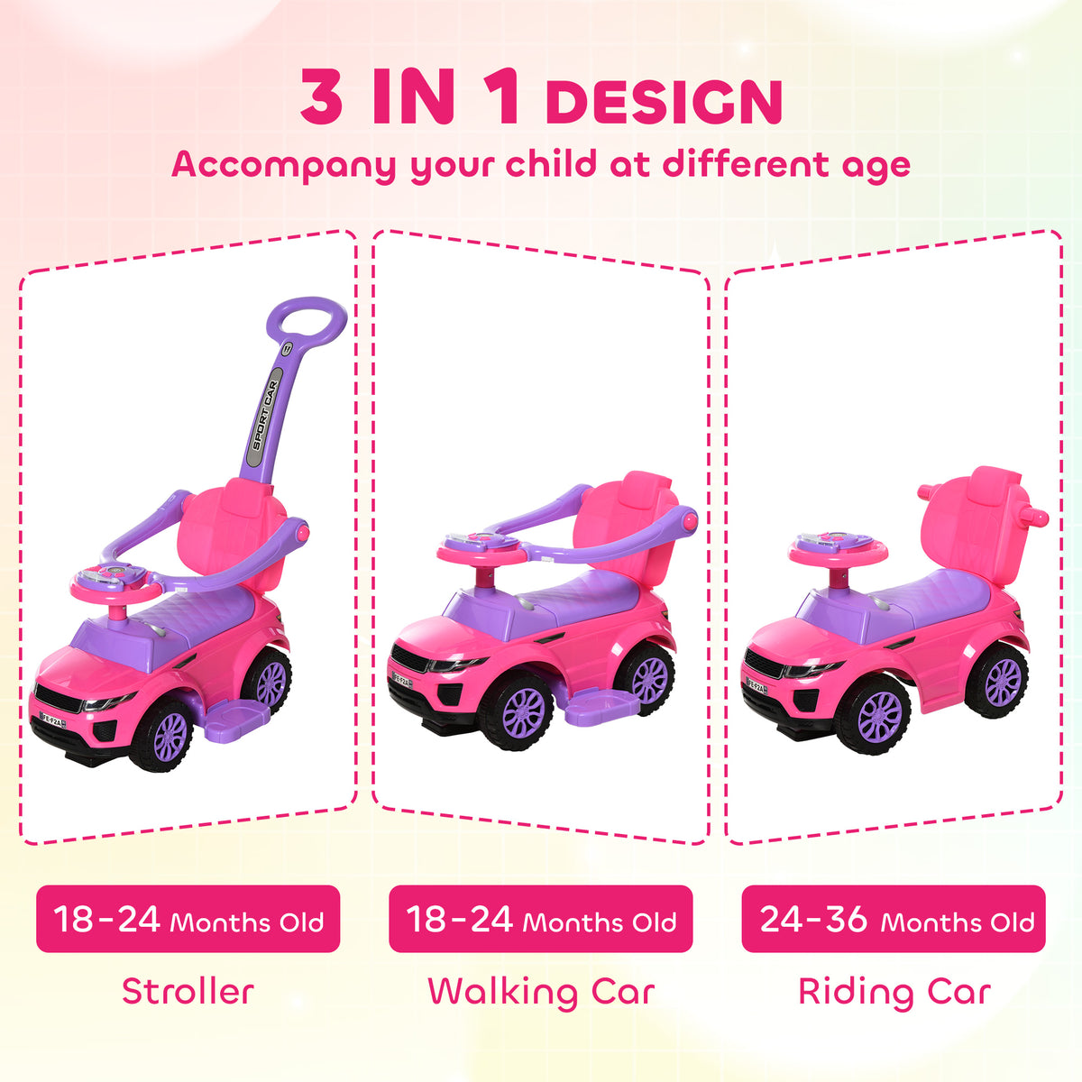 3-in-1 Toddler Push Ride-On Car