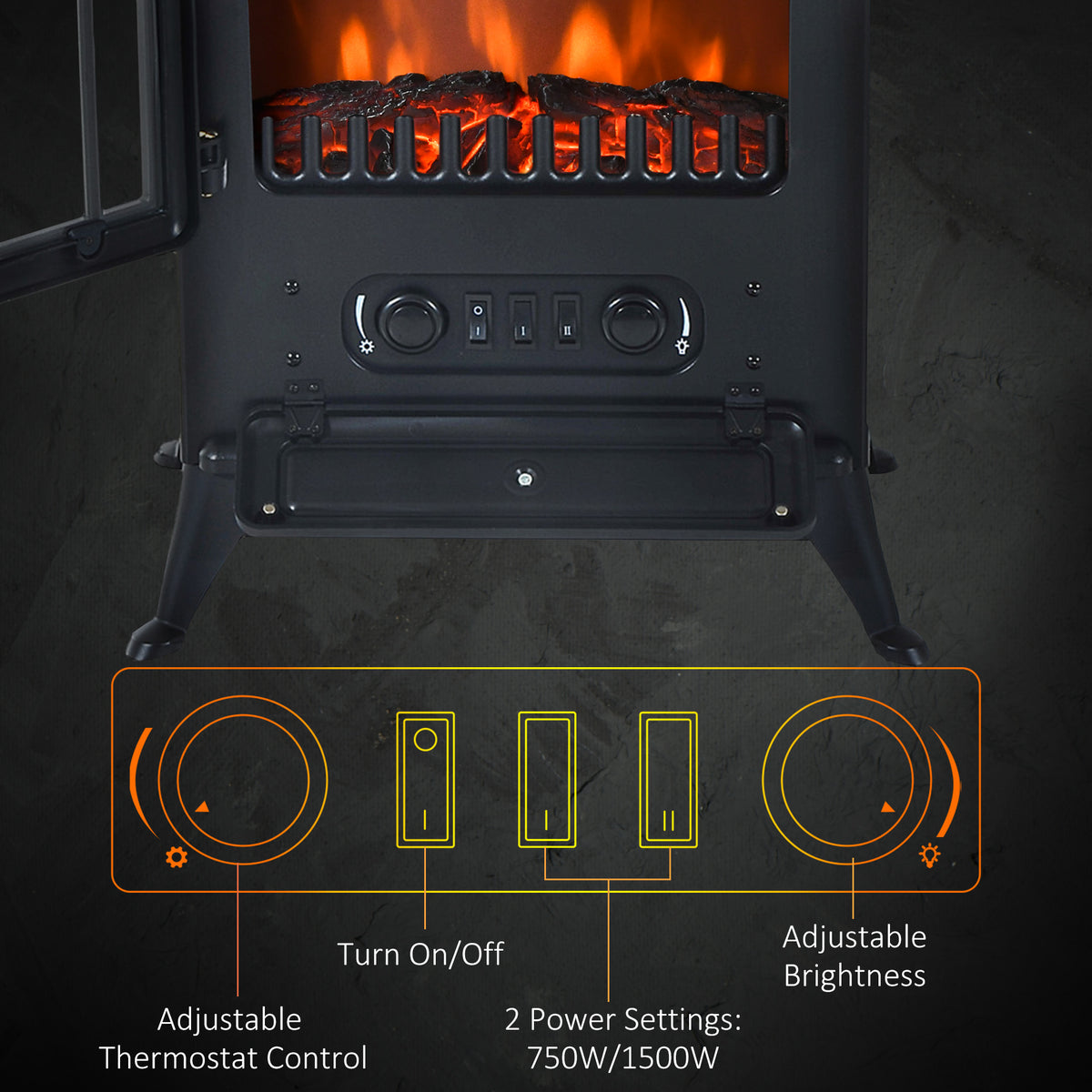 Freestanding Electric Fireplace Wood Flame Effect 750/1500W