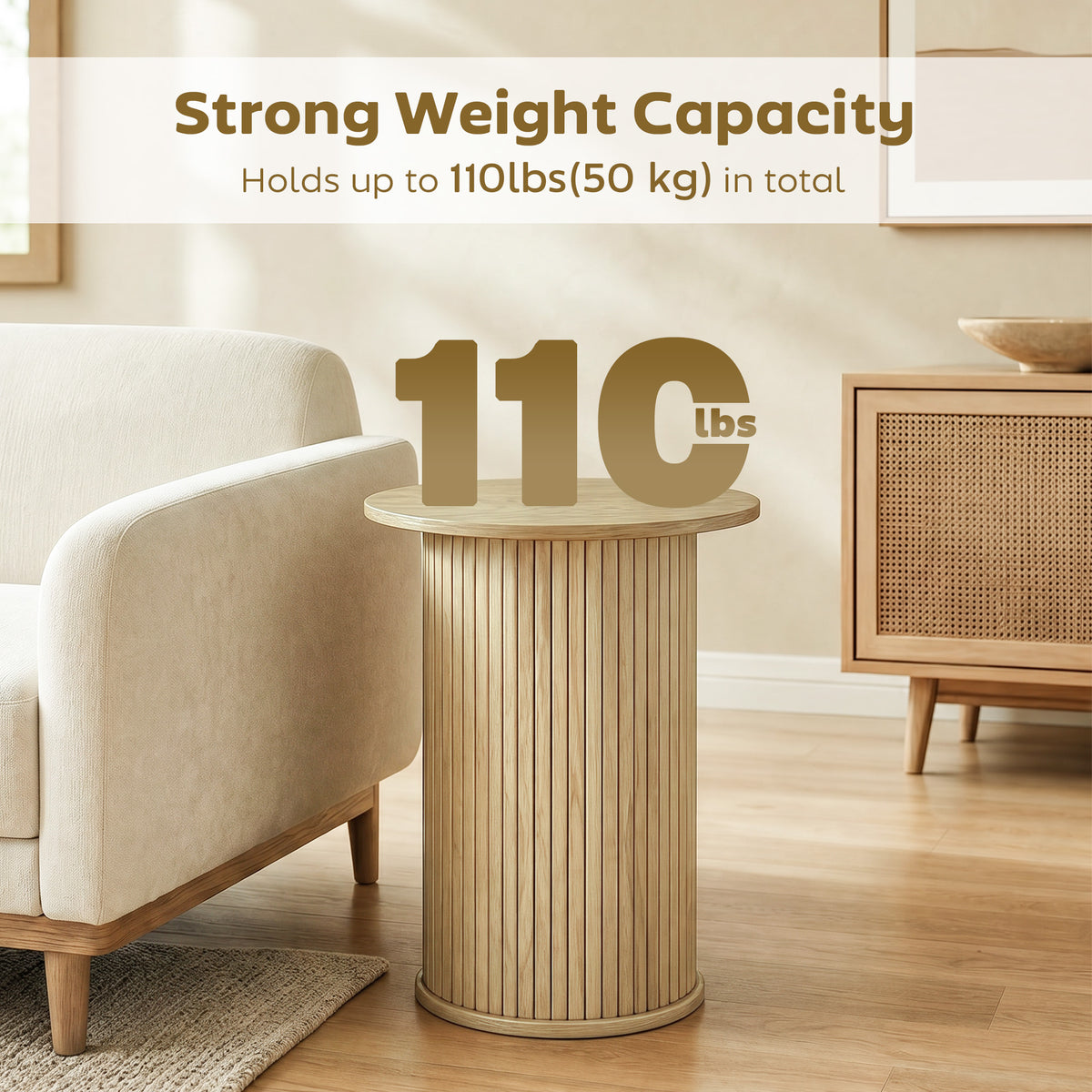Round Fluted Accent Side Table Oak