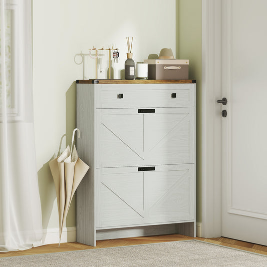 Narrow farmhouse shoe storage cabinet with drawers