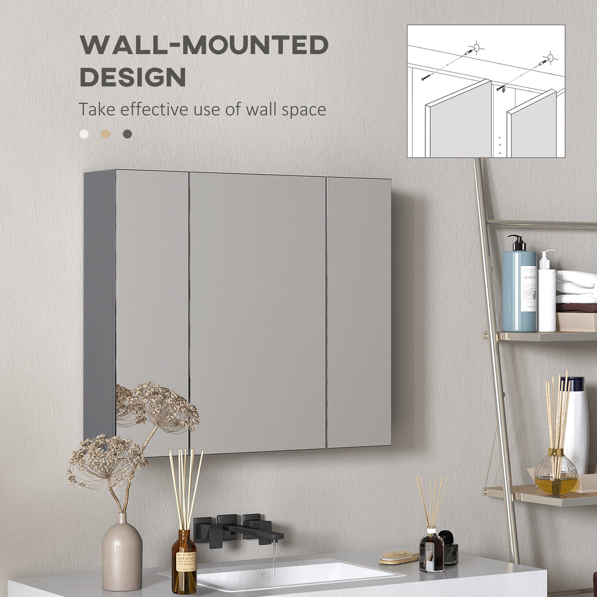 Armario de pared para baño con espejo y 3 puertas