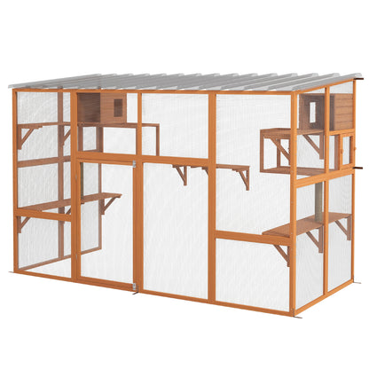 Outdoor Cat Enclosure with Condos and Waterproof Roof