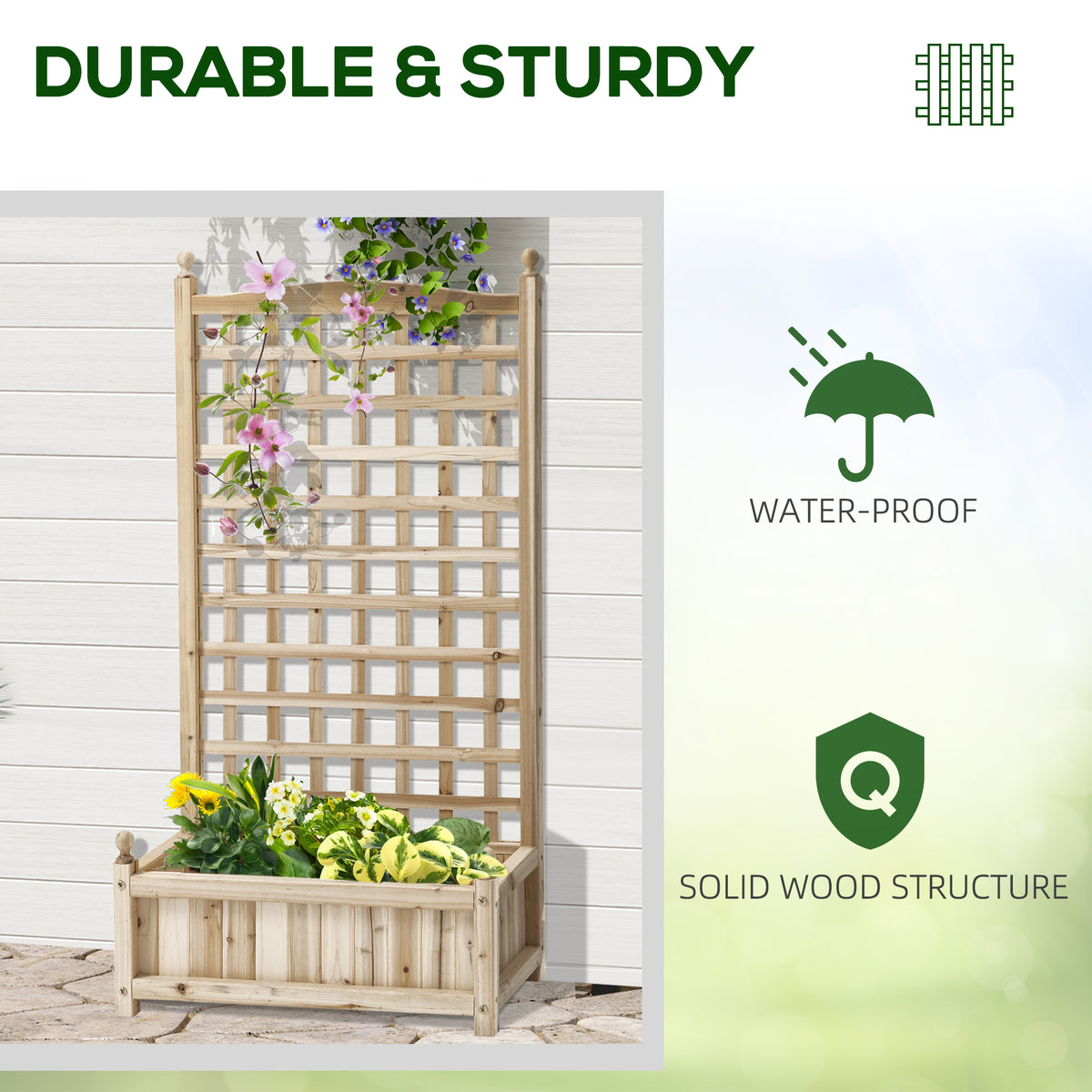 Jardinera elevada con celosía de madera natural