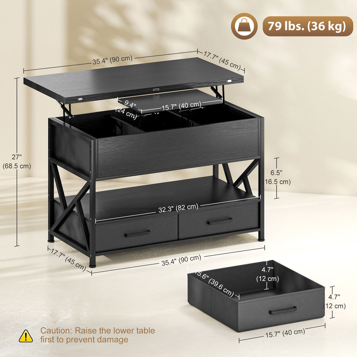 Modern lift top coffee table with storage drawers
