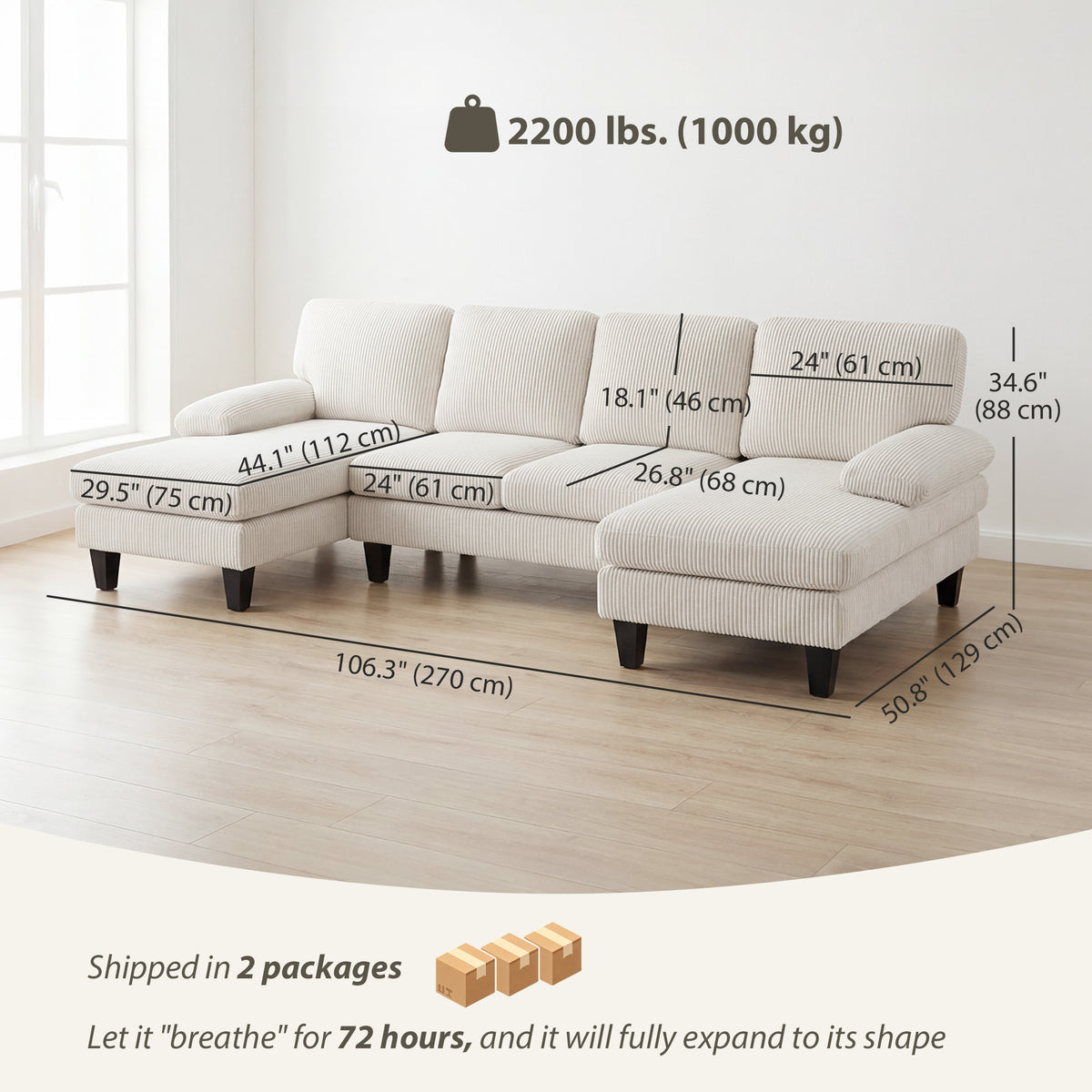Sofá seccional en U con doble sillón de terciopelo de pana