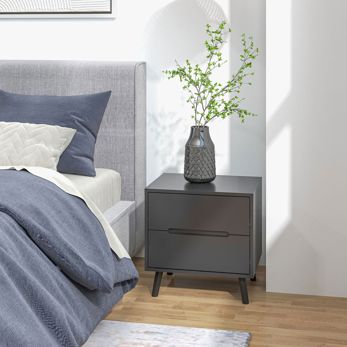 Modern 2-Drawer Nightstand with Wood Legs