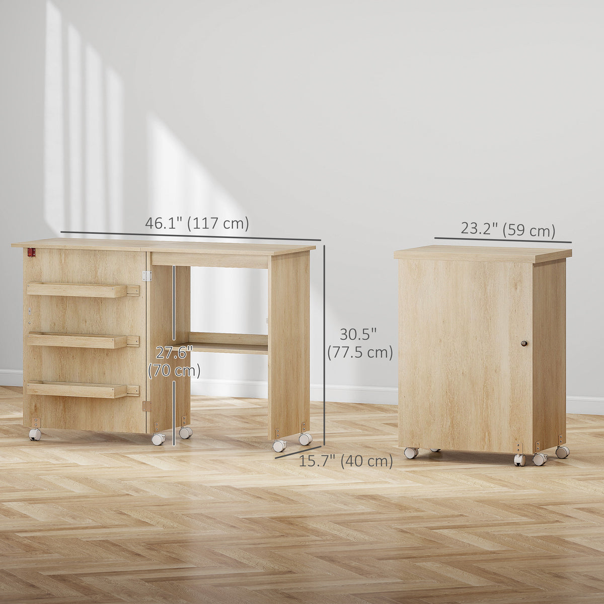 Folding Sewing Cabinet with Storage and Lockable Wheels