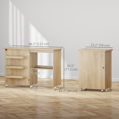 Folding Sewing Cabinet with Storage and Lockable Wheels