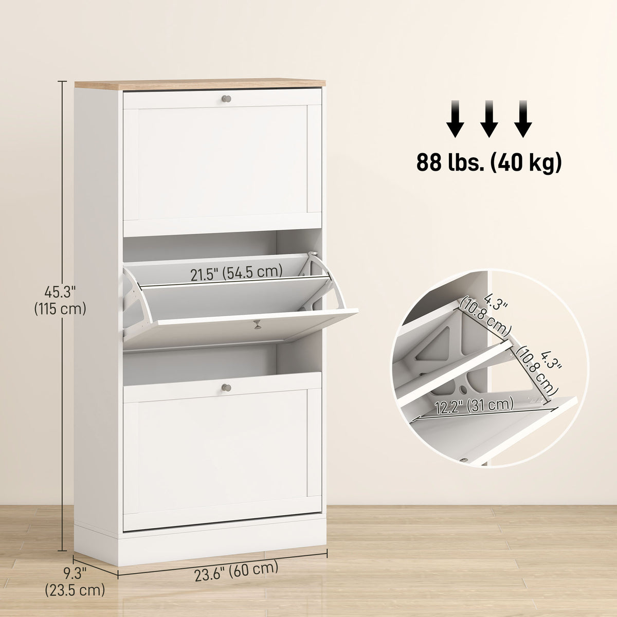 Shoe Cabinet 3 Flip Drawers Adjustable Shelves, 12-18 Pairs