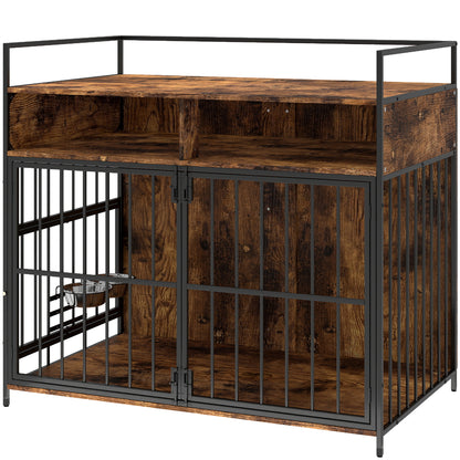Dog crate furniture table rotating bowls rustic