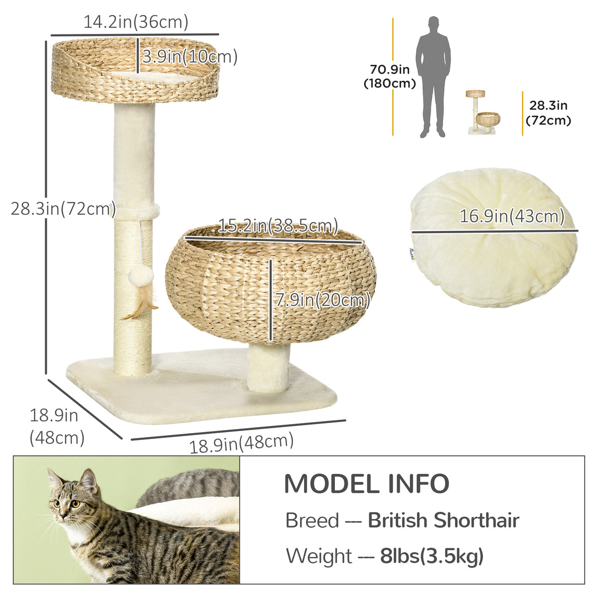 28" Cat Tree with Scratching Post Double Beds