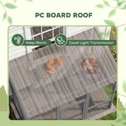 Multi-level outdoor cat enclosure with transparent roof