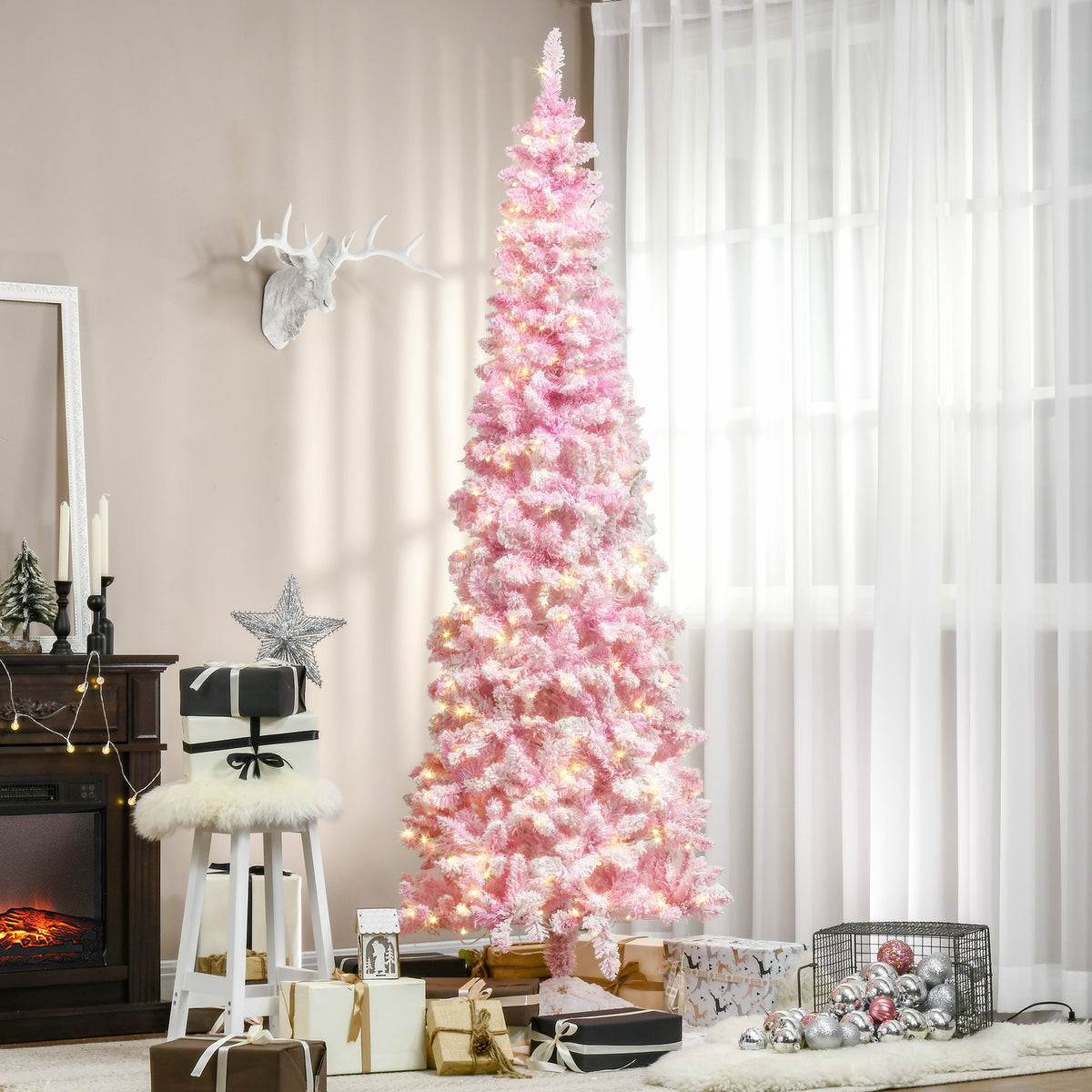 Prelit Snow Flocked Pencil Artificial Christmas Tree