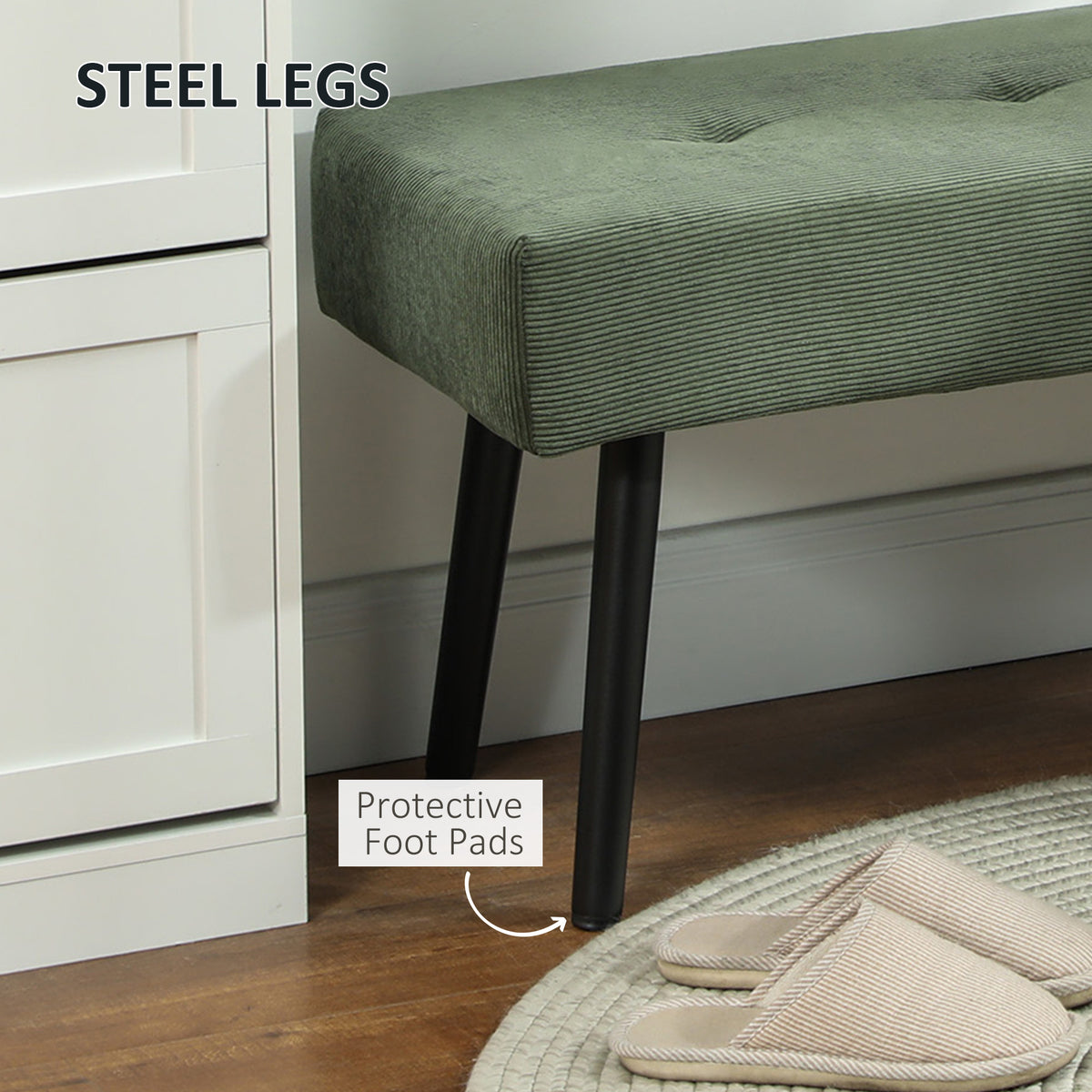 Tufted Corduroy Upholstered Bench with Steel Legs
