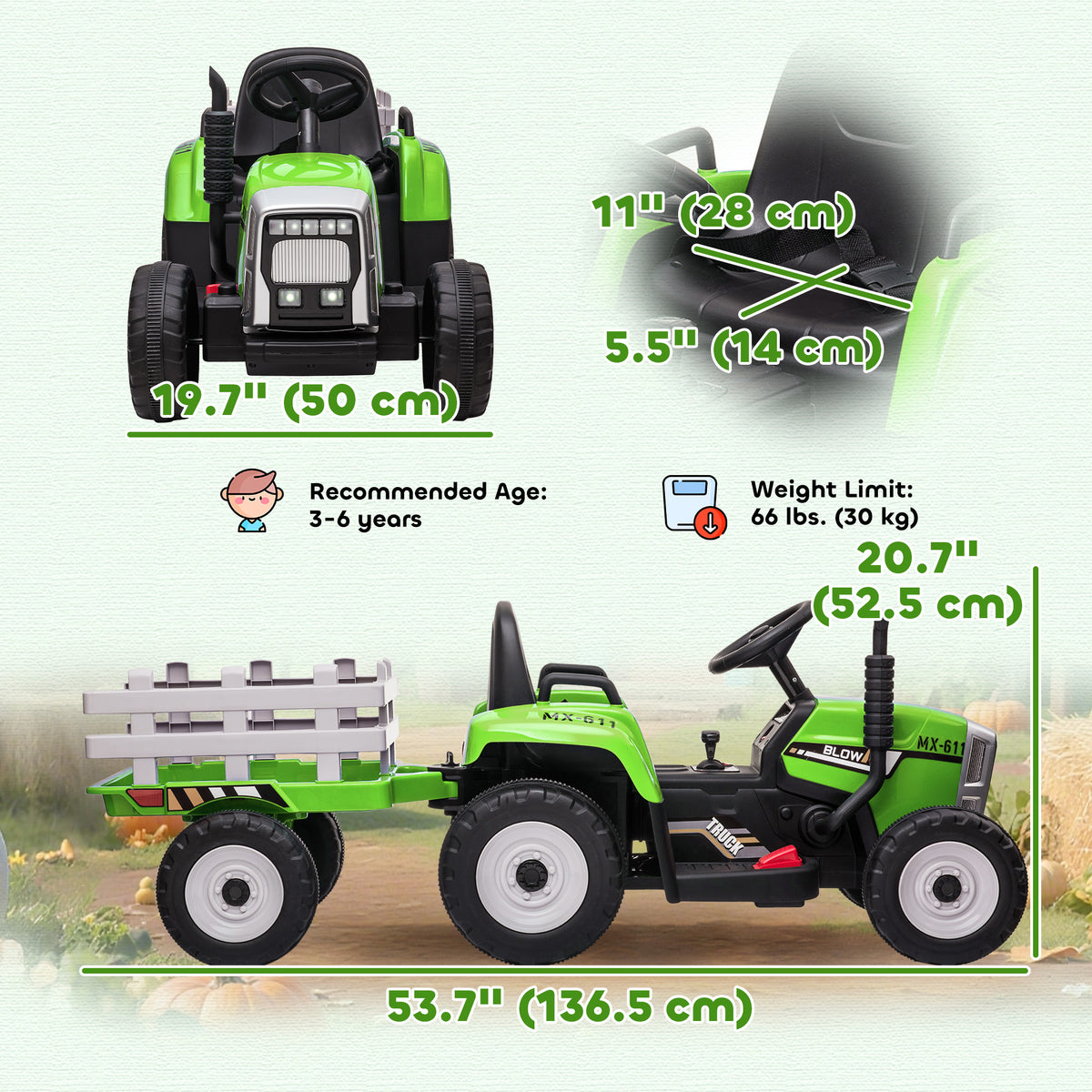 12V Kids Electric Ride-On Tractor with Trailer