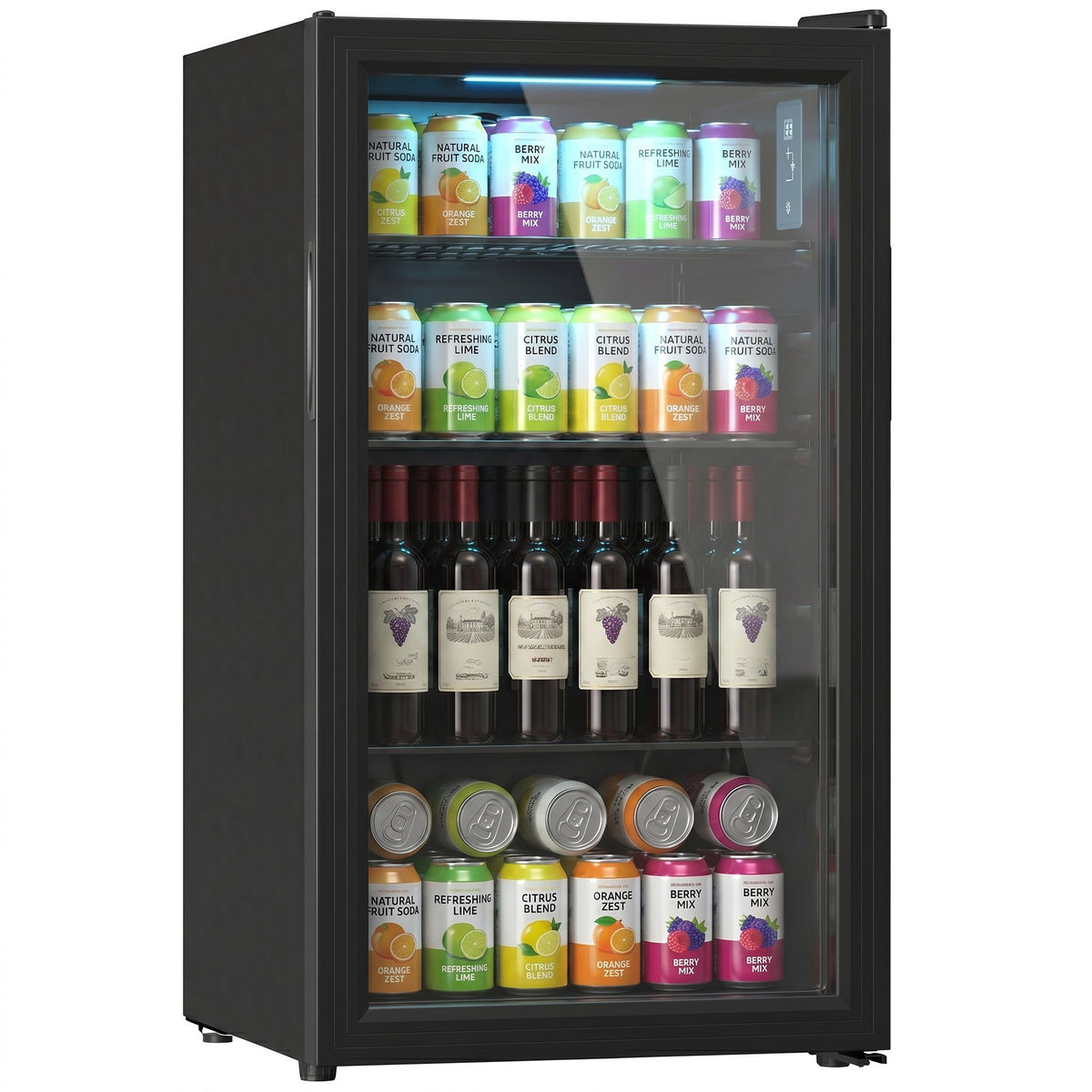 Beverage fridge with glass door and steel